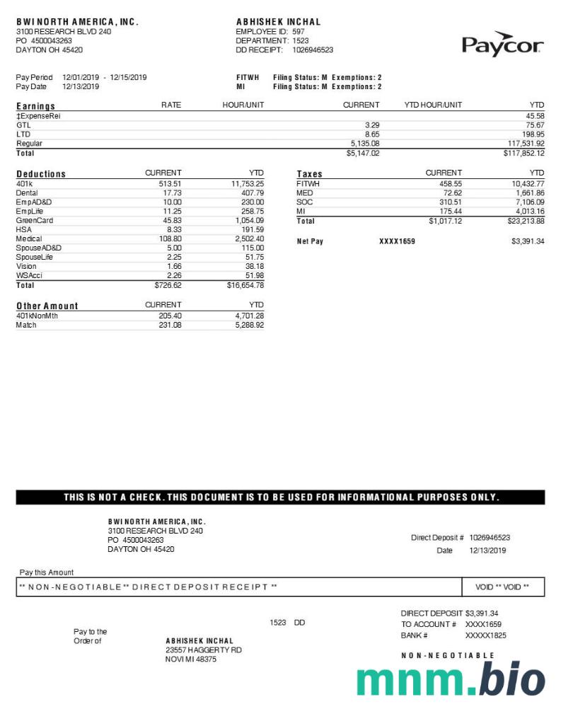 Paycor BWI NORTH AMERICA, INC. szablon zestawienia zarobków w formatach Word i PDF